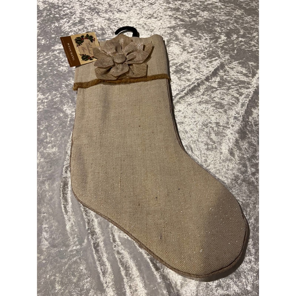 Cream Canvas Christmas Stocking Poinsettia Lined Modern Farmhouse Shabby NWT